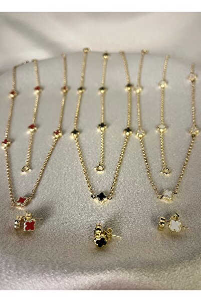 Side Gold Kuyumculuk 14 Ayar Altın Dört Yapraklı Şans Kolye Bileklik Küpe Seti