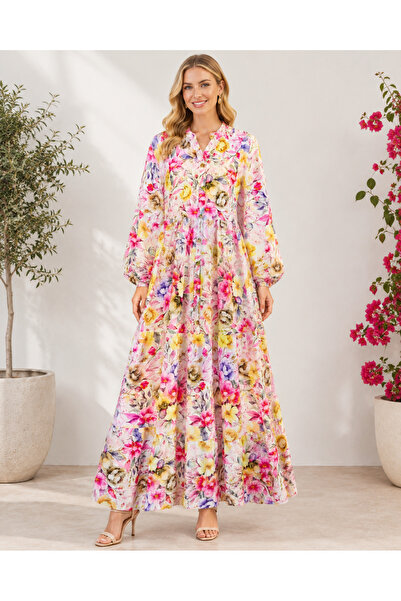 FERHEL Women's Floral Printed Half-Button Summer Dress - Yellow