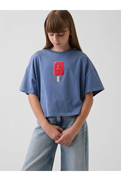 GAP Kız Çocuk Mavi Kids Oversized Grafik T-Shirt