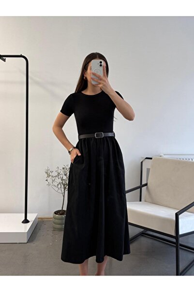 Flarsky Women's Poplin Fabric Dress with Belt at the Waist