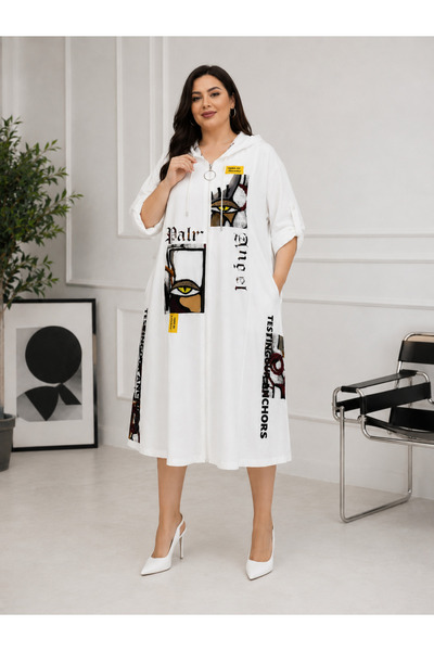 DARKWIN Plus Size Hooded Zipper Dress with Print Detail and Loose Cut Sleeves...