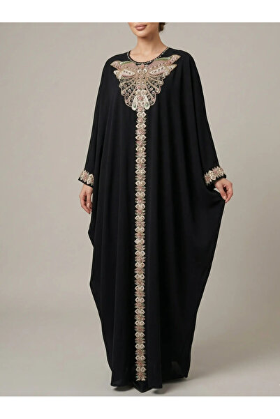 CRYSTALİA Siyah Kelebek Nakış Detaylı Lüks Abaya & Kaftan Elbise