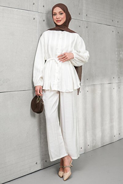 İmajButik Ecru Ribbed Detailed Tunic and Trousers Set