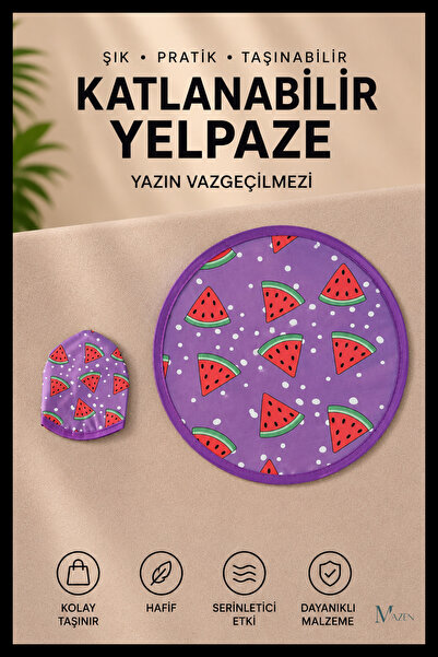 MAZEN Karpuz Dilimi Desenli Katlanabilir Yuvarlak Yazlık Taşınabilir El Yelpa...