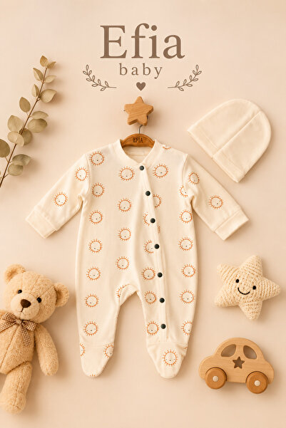 Efia Baby %100 Pamuk Güneş Desenli Patikli Bebek Tulum