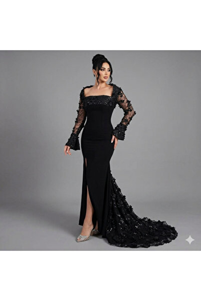 DARBEST Black Long Mermaid Evening Dress with 3D Rose Applique Lace Sleeves a...