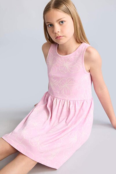 DeFacto Floral Patterned Sleeveless Combed Cotton Blue Dress Girls' H2700A826Hs