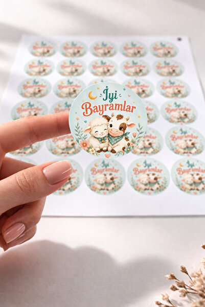 deer art İyi Bayramlar Yazılı Kurban Bayramı Sticker 4x4 cm 17 Adet Kendinden...