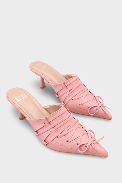 LOJO Women's Pointed Toe Lace Detailed Short Heeled Slippers Zerris Pink