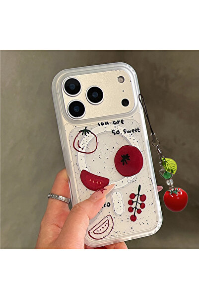 Choice46 حافظة هاتف آيفون 16 برو مع سلسلة، تصميم بسيط كرتوني على شكل طماطم مت...