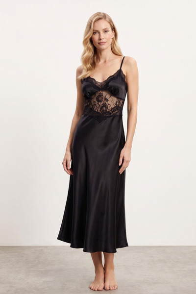 Laperissa Black Lace and Back Tie Detailed Satin Woven Nightgown with String ...