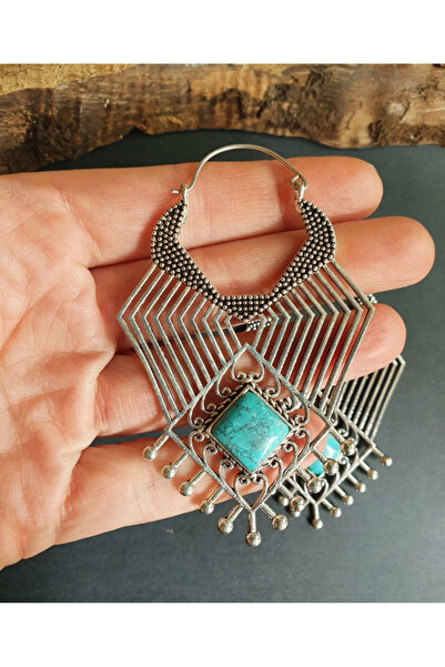 OEM Ethnic Inca Turquoise Silver Earrings | Boho Tribal Statement Jewelry