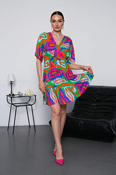 NAVY Bat Sleeve V-Neck Abstract Patterned Mini Dress