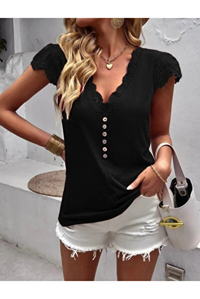 Generic Brand Women's Short Sleeve V-Neck Lace Front Buttoned Viscose Blouse