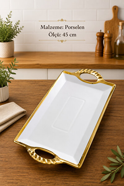 RUBİ PORSELEN Arven Rectangular Porcelain Presentation Tray - 45 cm