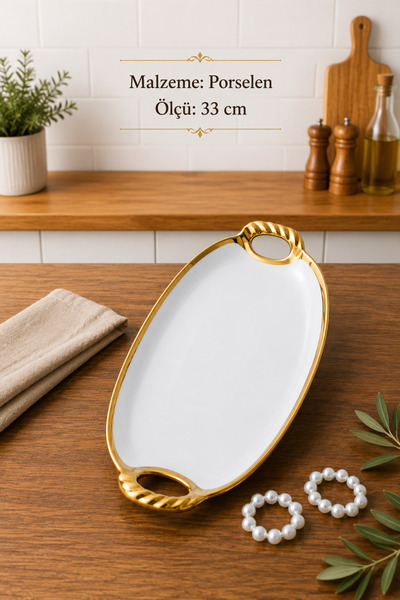 RUBİ PORSELEN Arven Oval Porcelain Gold Presentation Tray - 33 cm