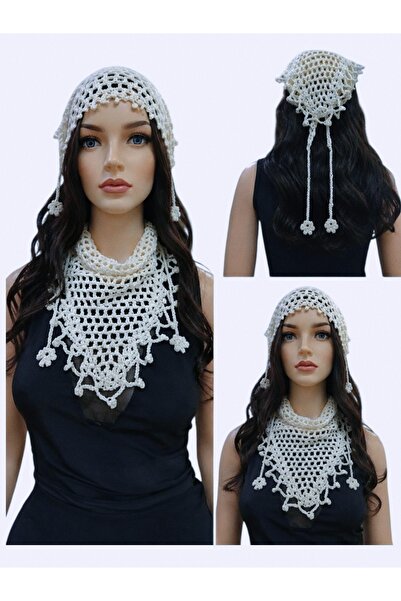 ENGIN Special Design White Hand Knitted Hair Net Bandana with Glitter Detail,...