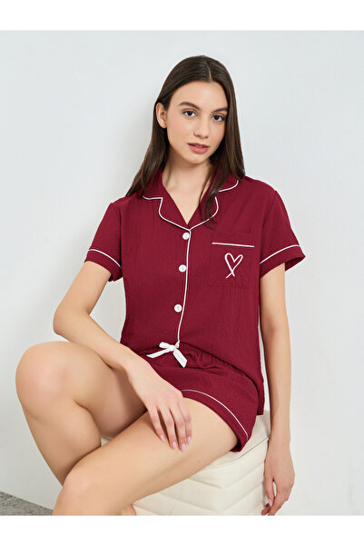 Take Two By Styli Burgundy Contrast Piping Shirt and Shorts Set