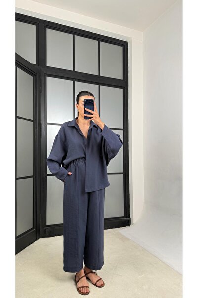 GAUS CO Navy Blue Shirt with Elastic Waist Pants Premium Tencel Fabric Set Ga...