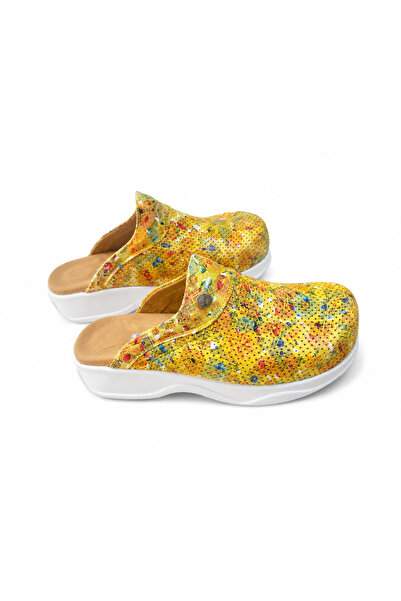 BLUMSABOTERLİK Yellow Colored Patterned Genuine Leather Women's Full Orthoped...