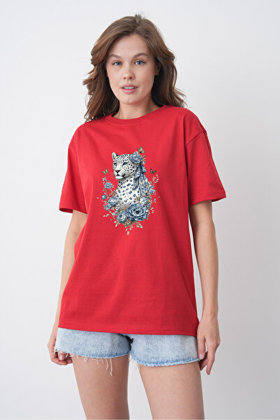 TREND EMMODA Tricou casual roșu cu decolteu rotund, cu imprimeu leopard și de...
