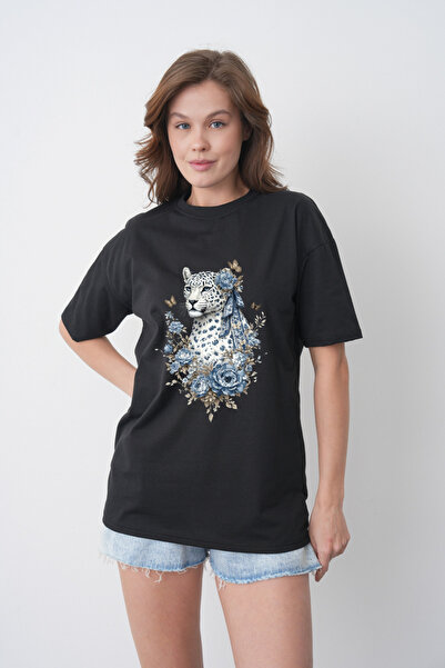 TREND EMMODA Tricou casual negru pentru femei, cu decolteu rotund, cu imprime...