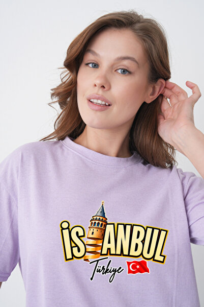 TREND EMMODA Tricou de damă Istanbul cu detaliu scris cu Turnul Galata și Tur...