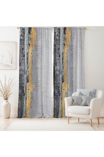 Hanna Home Gri Kahverengi Soyut Desenli Kadife Görünümlü Salon Fon Perde