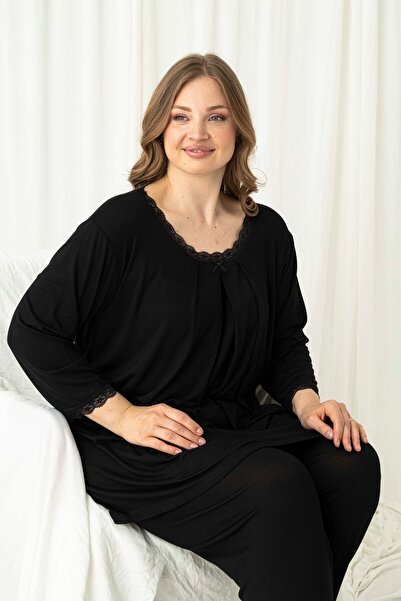 Miss Meryem Siyah Dantel Detaylı Ring Viskon Büyük Beden Üç Çeyrek Kol Tunik ...