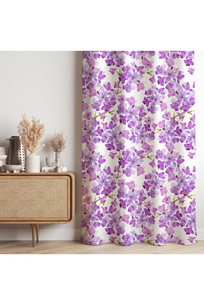 Hanna Home Zarif Lila Floral Desenli Kadife Görünümlü Salon Fon Perde