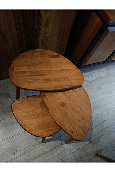 Senka Wood Doğal Masif Ahşap Modern İskandinav asimetrik 3lü Zigon sehpa takımı