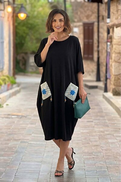 Nevin Kaya Moda Black Knitted Loose-Fitting Plus Size Dress with Pockets