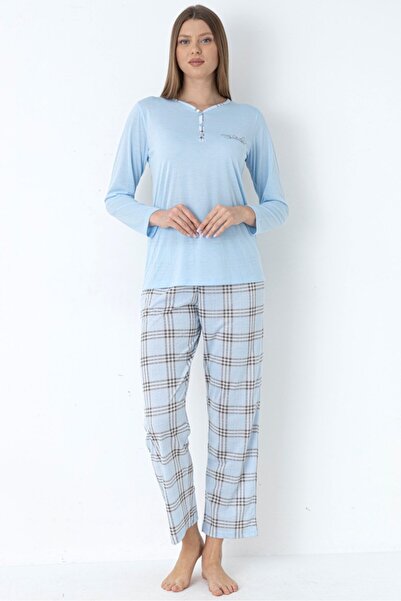 FLZ Plaid Patterned Viscose Pajama Set Long Sleeve Comfortable Home Wear 89-140