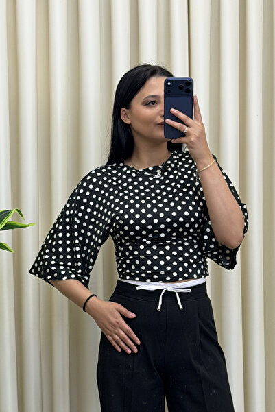 MİROR Women's Black Polka Dot Gathered Detail Bat Sleeve Blouse