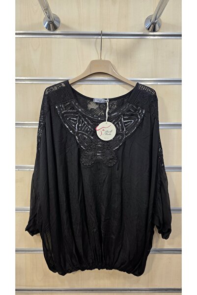 Park Moda Italian Silk Blouse with Sequined Lace Collar