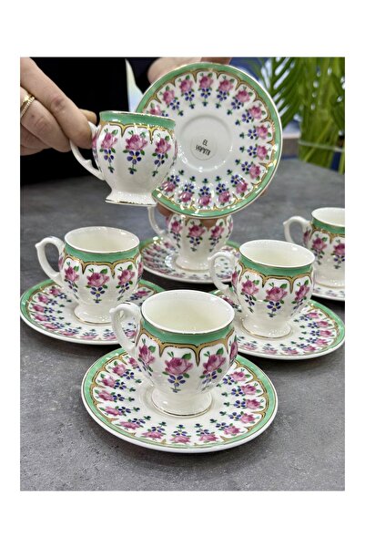 Doğudeko Hand Painted Cassiopia 6-Piece Porcelain Cup Set Green