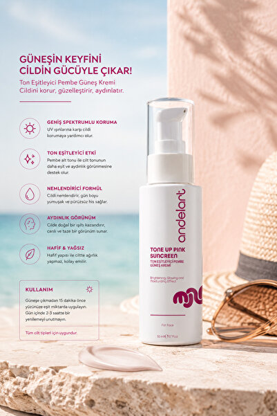 andelart Ton Eşitleyici Pembe Güneş Kremi | Tone Up Pink Sunscreen 50 ML | Aydınlatıcı & Nemlendirici Günlük SPF Bakımı