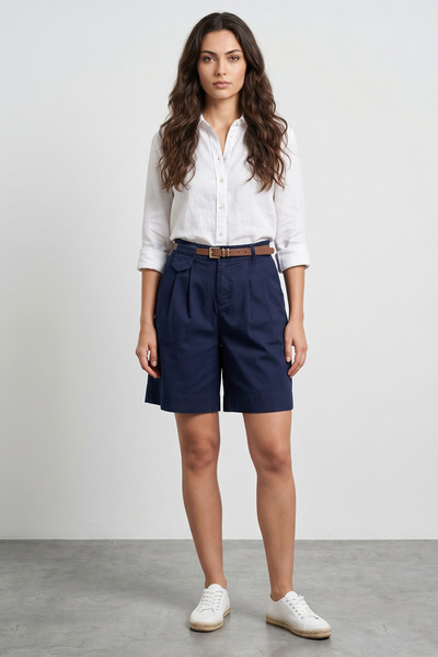 Fulla Moda Belted Pocketed Gabardine Shorts