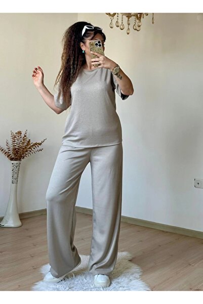 AZRA BUTİK Costum cu pantaloni largi, cu aplicații de pietre, bej