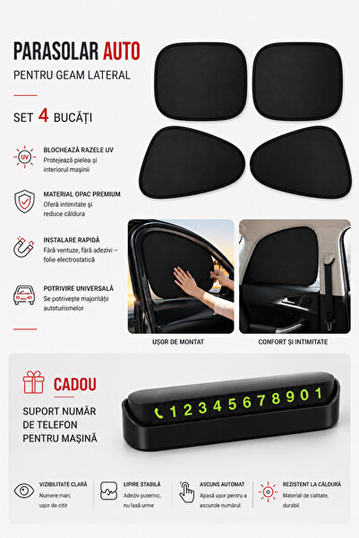 OEM HomeRoy – Parasolar Auto Lateral 50 cm, Set 4 Bucăți + Cadou Suport Număr...