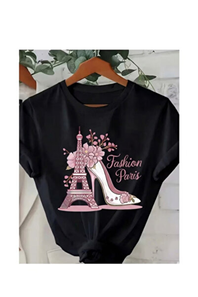 TİMİSİVA Unisex Oversized Printed Crew Neck Short Sleeve Black T-Shirt