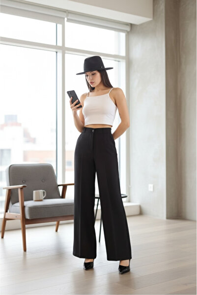 KAYS Women's Black High Waist Draped Wide Leg Premium Palazzo Trousers with E...