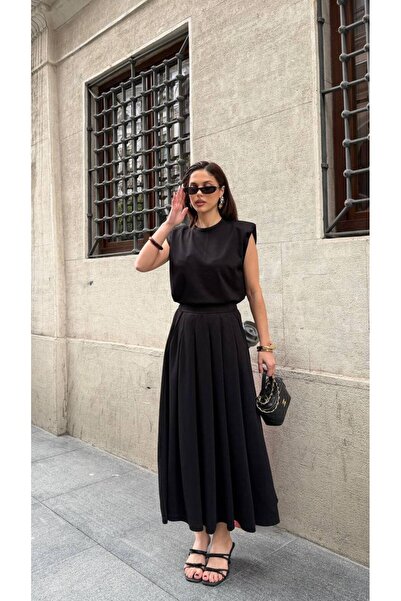 CELITA Kadın Modal Omzu Vatkalı Kolsuz Bluz & Pileli Etek Alt Üst Takım