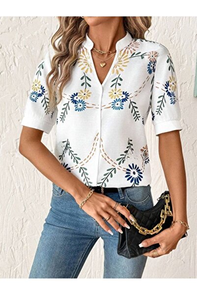 Iuliashop Ilinca Women's White Blouse with Blue Floral Print - S