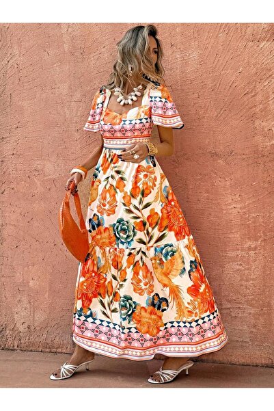 Iuliashop Long Cleopatra White Dress with Multicolor Floral Print - M