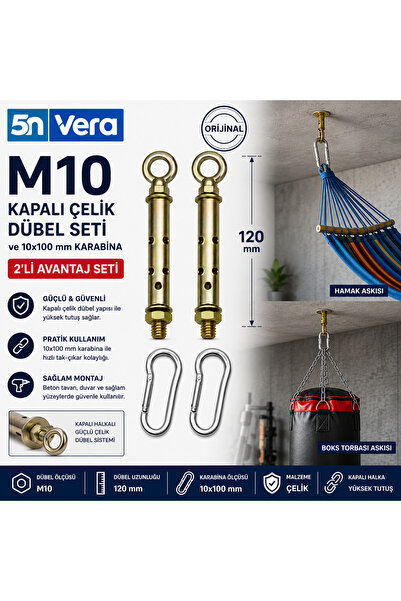 5NVERA M10 Kapalı Çelik Dübel Seti ve 10X100 mm Karabina | 4’lü Ağır Yük Tava...