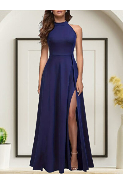 Efnaz style Women's Halter Neck Deep Slit Detailed Full Length Janjan Crepe E...