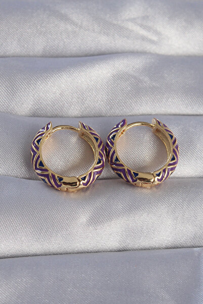 ETC Brass Gold Color Purple Ethnic Patterned Hoop Earrings 5886 - Miyng6968-9231