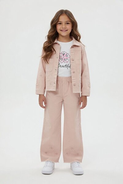 Cansın Mini Jakna sa izvezenim cvetom prašnjave ruže i široke pantalone, set ...