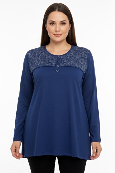 hadiora Women's Blue Patterned Buttoned Combed Cotton Blouse